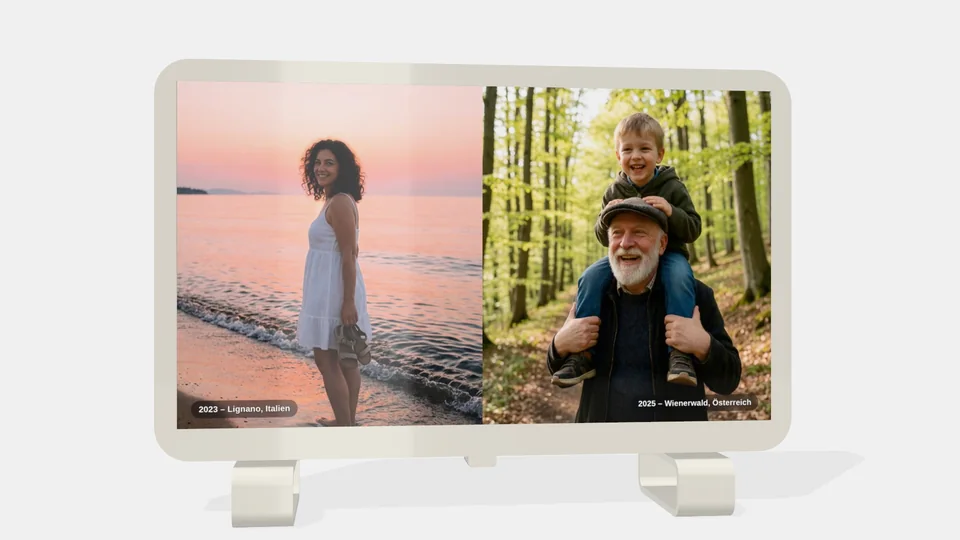 Zwei Hochformatfotos stehen nebeneinander auf dem Bildschirm, jedes mit Jahr und Ort