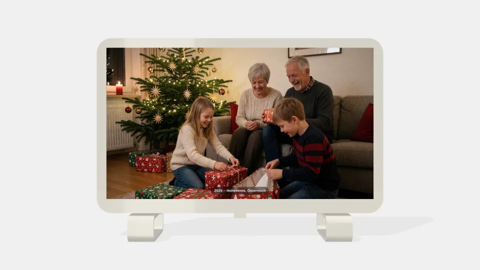 Der Rahmen in Reinweiß zeigt ein Foto vom Heiligen Abend: Großeltern und Enkel packen Geschenke aus, darunter 2025 – Hohenems, Österreich